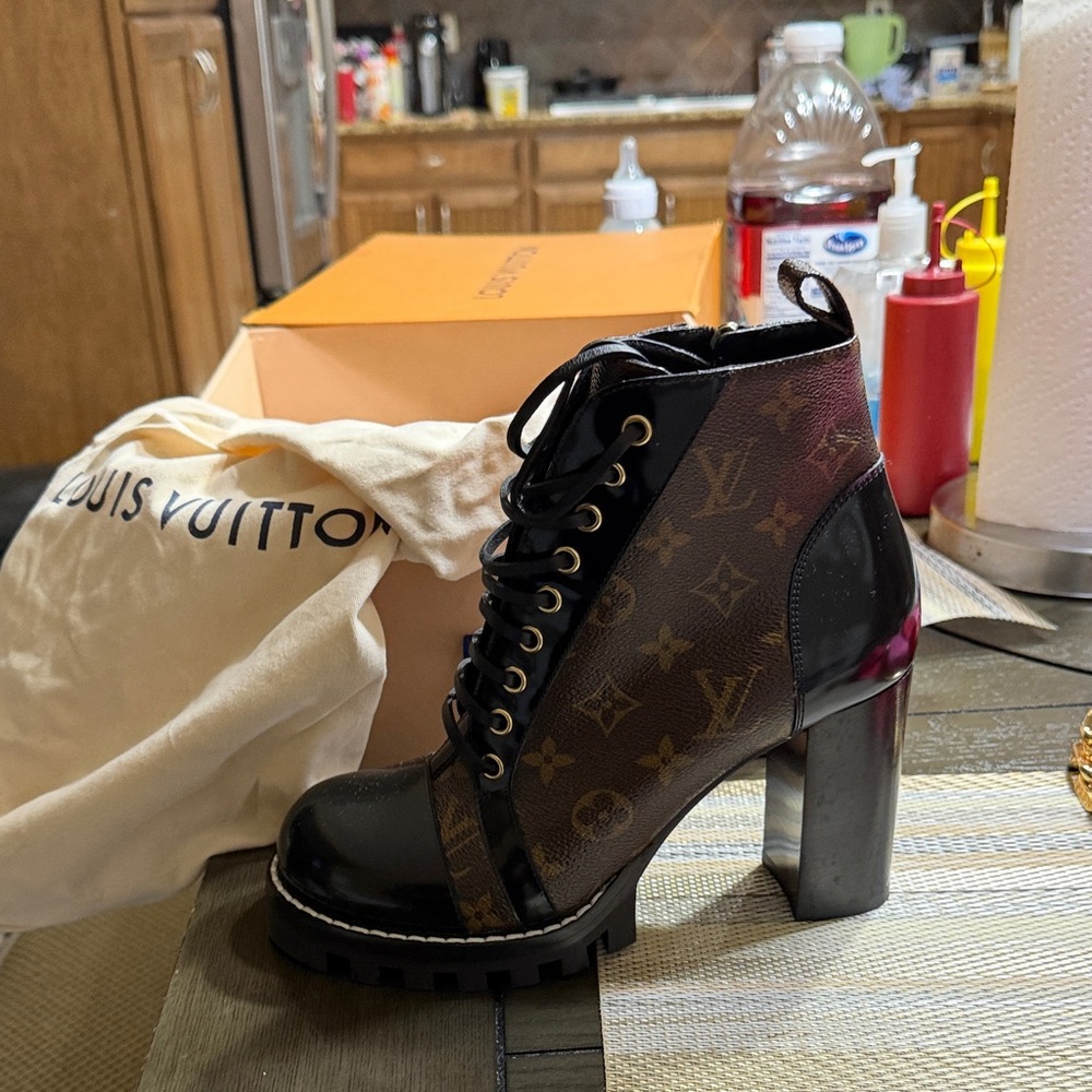 Louis Vuitton Women's Black and Brown Lace-Up Boots